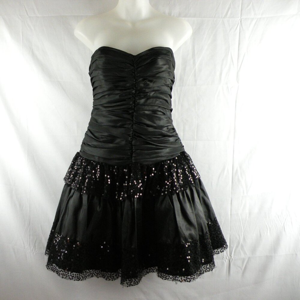 Vintage 80's Steppin' Out Mini Dress black Sequins Puffy skirt Strapless Small